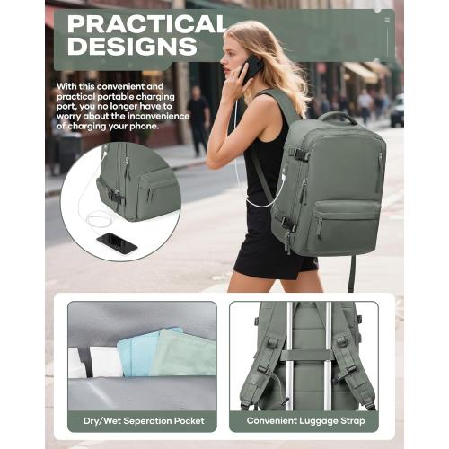Travel Vacuum Backpack for Women Men, Large  Carry on Luggage Spirit United Flight Approved, Personal Item Travel Bag with Wet Dry Separation Pocket USB Charging, Green