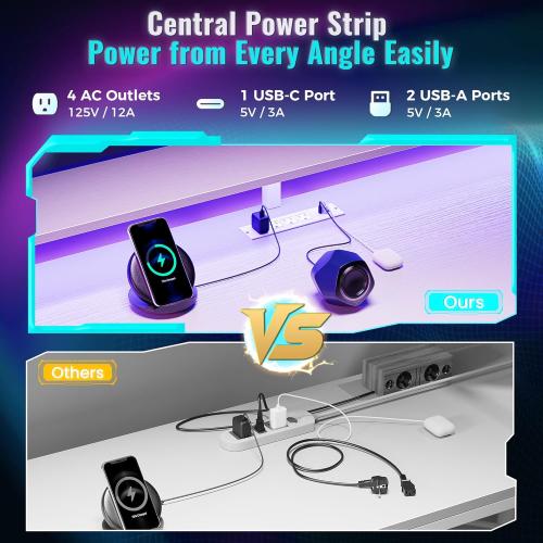 PRAISUN 61.7 Gaming Desk with LED Lights & Outlets, Computer Desk with 3 Fabric Drawers, PC Desk with PC Case Stand & Movable Storage Shelves, Monitor Stand, Reversible, White