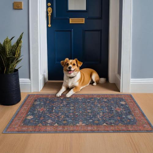 Large 3x5 Kitchen Rug Non Slip Machine Washable, Throw Rugs for Entryway Indoor, Floor Mat, Home Office Under Chair - Stain Resistant Non Skid Rubber Backing, Tribal Farmhouse Décor (3x5 Navy Blue)