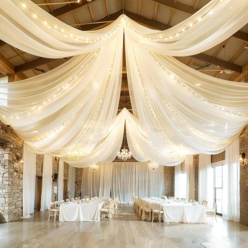 Size 5x30 6 Panels Ivory Ceiling Drapes with Lights String for Weddings Ceiling Drapes 5ftx30ft Wedding Draping Fabric Sheer Curtains Tulle Ceiling Drapery Wedding Decorations for Party Ceremony Stage Swag