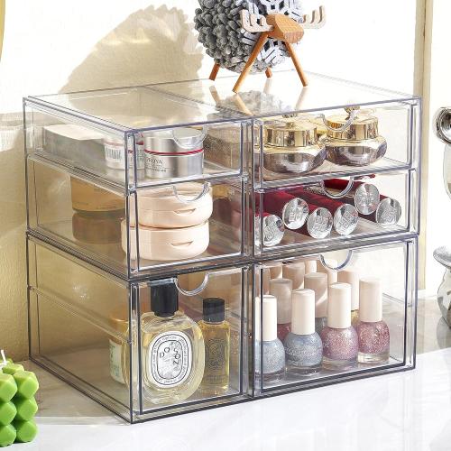 Prsildan Acrylic Drawer Makeup Organizer with 6 Drawers, Set of 2 Office Desk Organizers Accessories, Clear Stackable Storage Drawers for Vanity, Craft, Not for Baby Bottle (Largest Drawer 4 Tall)