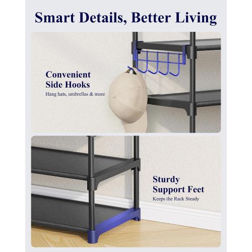Kitsure 10 Tier Shoe Rack, Tall Shoe Organizer, 32.2 Wide, Black | Large-Capacity Shoe Storage with Hooks, Shoe Shelf for Closet, Entryway, Bedroom, Living Room, Zapateras Organizer