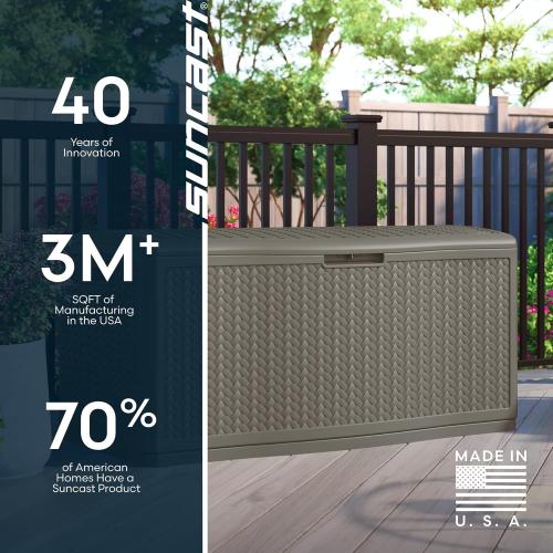 Suncast Extra Large Deck Box - 124 Gallon Resin Outdoor Storage Box with Lockable Lid for Outdoor Cushion Storage, & Garden Gear, Stoney Grey Wicker Bin for Patio, Porch, Pool, & Yard