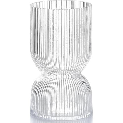 7.5 inch Vase for Flowers, Clear Ribbed Thickened Glass Vases, Hourglass Bud Flower Vase for Bookshelf, Dinner Table, Indoor Office Desktop, Meeting Room, Bathroom, Home Decor, Christmas Decoration