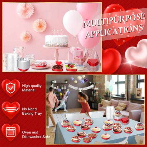Yinkin 50 Set 9 oz Heart Shaped Aluminum Cake Pan with Lid Disposable Heart Foil Tin Pans Cupcake Liners Muffin Tins for Mother's Day Wedding Bridal Shower Baking Supplies (Red)