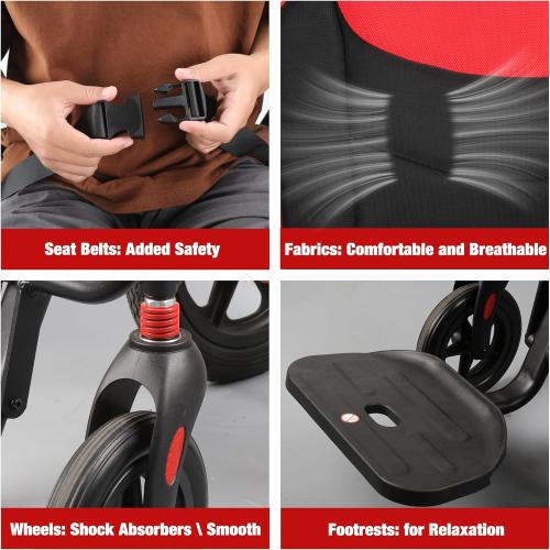 Wheelchairs for Adults,Transport Wheelchair Lightweight Foldable with Removable Cushion,Ergonomic Transfer Chair with 12-inch Rear Wheels for All Terrains,Travel Wheelchair,Red