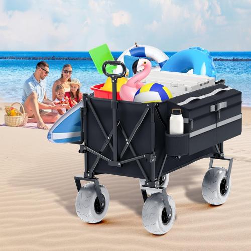 Color Black  Beach Wagon with Big Wheels for Sand,Heavy Duty Collapsible Wagon with All-Terrain 9 Pneumatic Tires and Detachable Cooler, Utility Beach Cart for Garden Sports Camping Activities