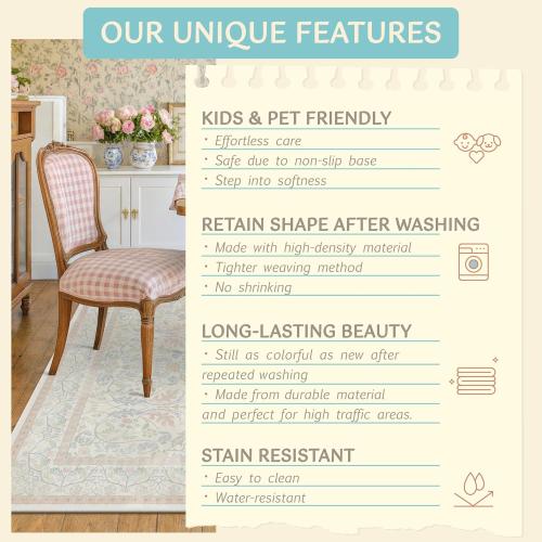 Light Pink 6x9 Girl Bedroom Rug Low Pile & Soft, Botanical Floral Washable Area Rug for French Country Living Room, Nuresry, Pastel Pink Non Slip Soft Kids Room Décor