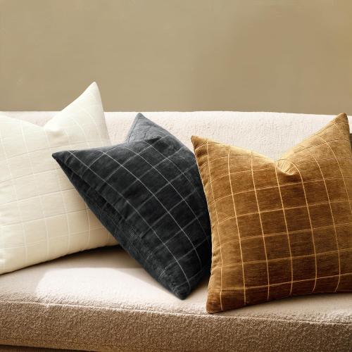 MIULEE Decorative Chenille Check Throw Pillow Covers Vintage Plaid Couch Pillows 20x20 Inch Set of 2 Neutral Boho Farmhouse Cushion Covers Modern Home Decor for Sofa Bed Living Room Black