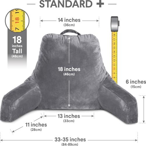 Husband Pillow Dark Grey, Standard  Original Reading Pillow in Bed Rest Chair, Shredded Memory Foam Large Lounge Cushion Adult Backrest w/Arms, Comfy Back Support for Sit Sitting Up, Removable Cover