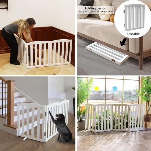 WHITE ZJSF Foldable Freestanding Indoor Dog Gate for House Wood White Long Pet Gates Dog Fence for Stairs Puppy Gates for Hallways,Pet Fence, Puppy Gate,Support Feet Included 24 Height-3 Panels
