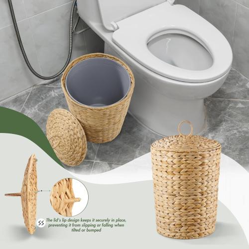 Size 3 gallon Wicker Trash Can with Lid and Removable Liner, Wicker Rattan Bathroom Trash Can, Large Woven Bin for Office, Hyacinth Waste Basket for Home Kitchen (Natural, 3 Gallons)