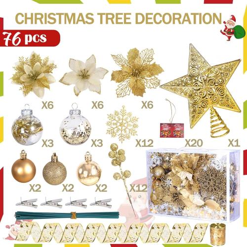 76PCS Christmas Tree Decorations Set, Gold Christmas Ornaments Poinsettia Flowers Artificial Christmas Balls Star Topper Berry Stems Snowflakes Mesh Ribbons for Xmas Tree Decor (13 Style)