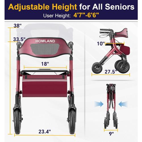 HOMLAND Foldable Rollator Walkers for Seniors with Seat, 10 All-Terrain Wheels & Curb Climber, 16.4 lb Lightweight Walker with Lockable Brakes, 300 lbs Capacity, Burgundy