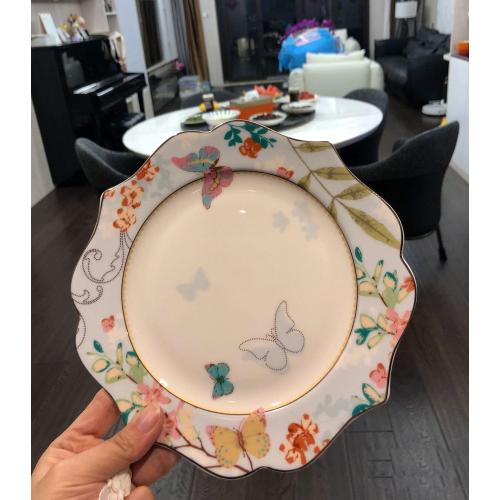 YBKTEX Ceramic Plate- Butterfly Pattern (Blue (10.5inches Flat Plate))