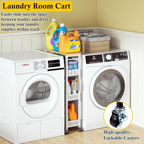 Utility Slim Storage Cart, 4 Tier Small Rolling Kitchen Laundry Room Cart with Wood Top, Metal Narrow Bathroom Storage Cabinet Mobile Shelf Unit Organizer Trolley with Handle for Narrow Space