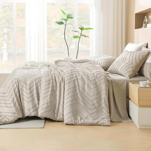 Litanika Queen Comforter Set with Sheets Beige - 7 Pieces Bed in a Bag Queen Chevron Tufted Complete Bedding Sets with Comforter, Sheets, Pillowcases & Shams