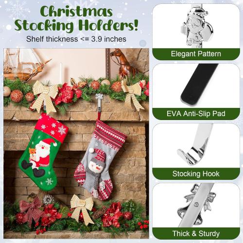 Christmas Stocking Holders, 4 Pack Xmas Stocking Holders Hangers for Mantel Fireplace Metal Stocking Hooks Stand for Christmas Party Decoration, Silver