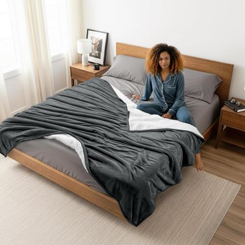 Bedding Sherpa Blanket  - Soft Warm Plush Fleece Reversible Blanket for Bed, Sofa, Couch, Camping and Travel