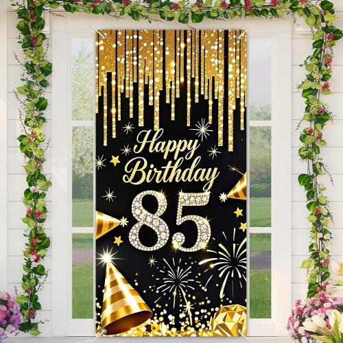 85th Birthday Door Cover 71x35 Inch Black and Gold Birthday Door Banner for Party Decorations Diamond Number Backdrop Sign for Women Men Adults Photo Booth Prop Wall Decor