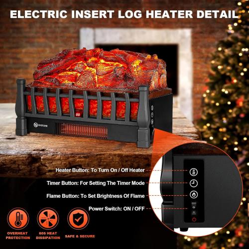 Electric Fireplace Logs Inserts Heater with Infrared Remote Controller 5 Flame Brightness 24 H Timer Overheating Protection for Home and Office Decor Black