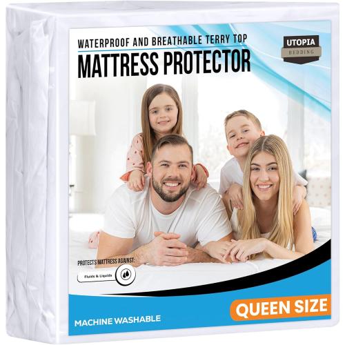 Queen Size Mattress Protector Waterproof, Premium 200 GSM Terry Mattress Cover, Soft & Breathable Bed Cover, Fitted Sheet Style Stretchable Deep Pockets 17 by Utopia Bedding (White)