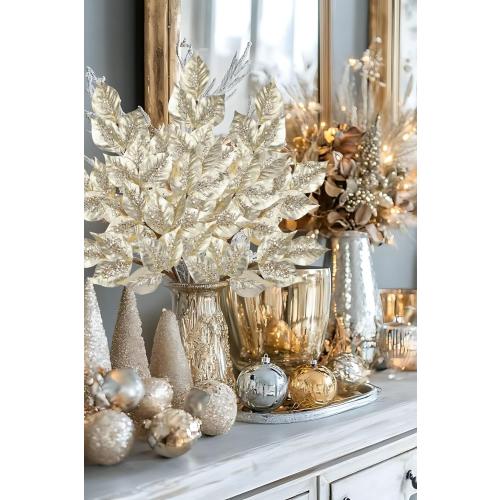 Christmas Tree Picks and Sprays 31.5 Champagne Atrificial Elm Leaves with Stems 3 Pcs Christmas Picks for Tree Champagne Vase Fillers for DIY Xmas Trees Wreath Centerpieces Wedding Bouquet Decor