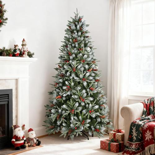 4ft Unlit Christmas Tree Pre-Decorated Snow Flocked with Pine Cones & Red Berries Artificial Xmas Tree for Holiday Office Outdoor Christmas Decoration(Green White)