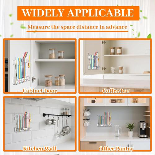 Upgraded 9.84 Large Straw Holder for Cabinet Door, 3-Part Adjustable Straw Organizer Storage with Strong Adhesive Double-sided Tape, Ultra Sticky Under-Cabinet Mount Storage (Transparent)