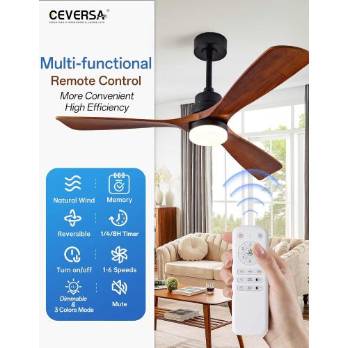 52 Inch Ceiling fans with Lights and Remote,Wood Outdoor Ceiling Fan for Patios with Dimmable LED Light,3 Blades Walnut,Noiseless Reversible DC Motor,Modern Fan for Indoor,Farmhouse