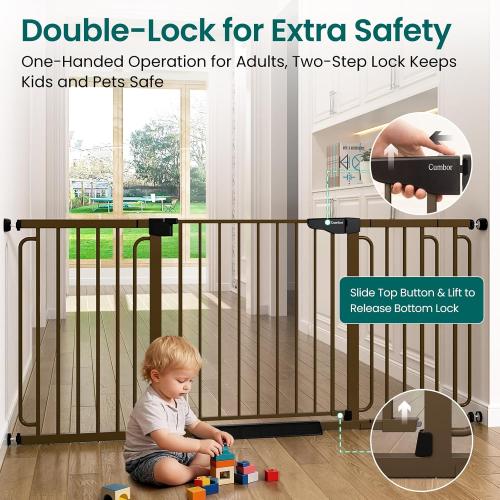 Cumbor Extra Wide Baby Gate, 36.6-69 Walk-Through Dog Gate for Stairs, Doorways & Hallways, 30.5“ Tall, Auto-Close & Dual-Swing Safety Child Gate Indoor, Easy Install Pressure-Mounted Pet Gate, Brown