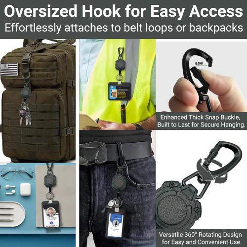 Heavy Duty Black Tactical Badge Reel. Swivel Carabiner Clip. 32.5” Steel Cable/Rope with Key Ring & ID Strap. 8 oz Weight