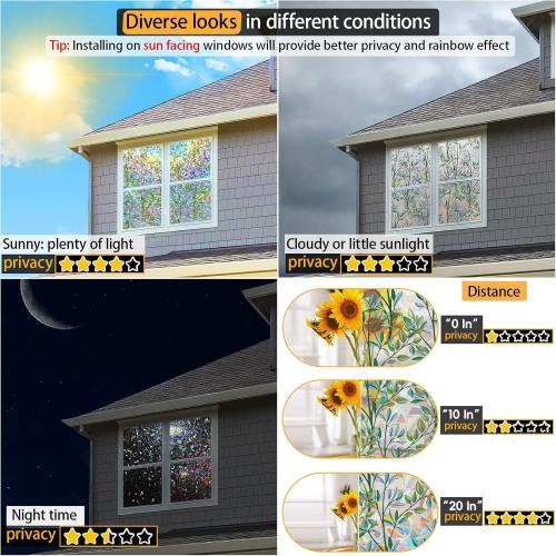 Rainbow Privacy Film with Cutting Line, 3D Decals Stained Glass Window Clings, Static Cling Window Sticker, Suncatcher - 35.4 x 78.7
