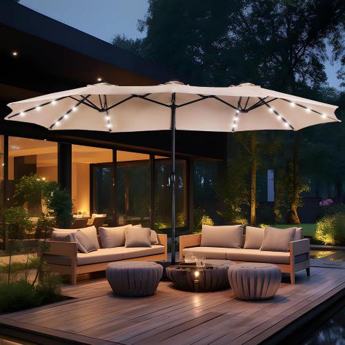 Size 15ft Color  beige Double Sided Patio Umbrella with Solar Lights, Outdoor Large Umbrellas with Crank Handle and 36 LED Lights, Rectangular Market Umbrella with Base Included for Deck Pool Shade, Beige