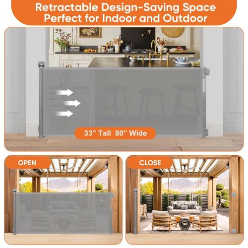 Size 80 Inch Color Grey No Drill Retractable Pet Gates for Doorways No Drilling Retractable Gate for Stairs No Drilling Retractable Dog Gates for The House Indoor Mesh Pet Gate Outdoor Retractable Baby Gates for Dogs