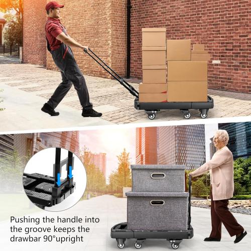 Folding Hand Truck 500lbs, Portable Heavy Duty Dolly Cart, 6 Wheels Collapsible Luggage Cart with 2 Elastic Ropes - Compact Trolley Cart for Easy Moving - Ideal Hand Cart for Travel and More