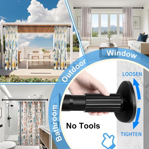Tension Curtain Rod 51-126 Inch, Long Curtain Rod No Drilling for Window or Bathroom, Outdoor Curtain Rods for Patio Tension Rods, Easy to Install, Never Rust, Rod Diameter 1.26 Inches - Black
