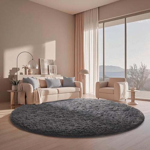 Ophanie Round Rug Large Grey Circle Area Rugs, Fluffy Fuzzy Large Bedroom Carpet 6 foot, Plush Shag Solid indoor Floor Gray Living Room Christmas Circular Aesthetic Decor for Kids Teen Boys Baby,Nursery