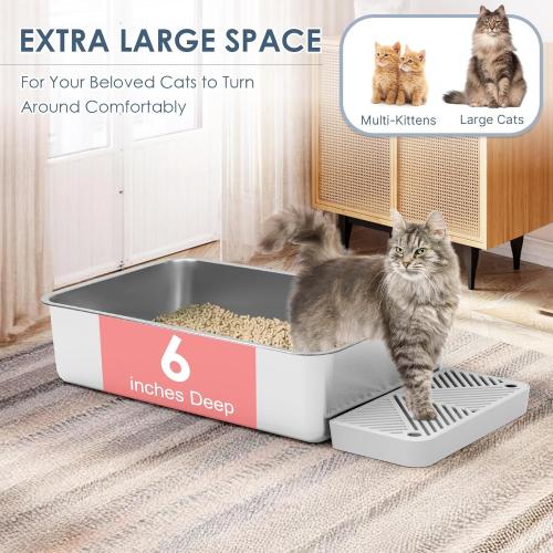 2 Pack 23.6 x 15.7 x 6 Deep & Extra Large Stainless Steel Cat Litter Boxes, High Sides Metal Cat Litter Box for Multi-Cats Big Cats XL Metal Litter Pan Tray, Non-Sticky, Easy Cleaning