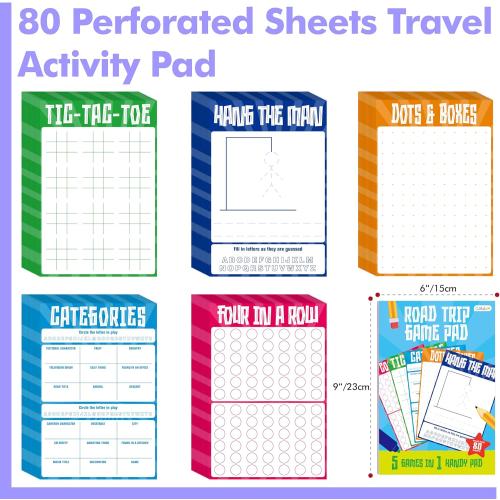 Road Trip Game Pad, 80 Perforated Sheets Travel Activity Pad, 5 Games in 1 Pad, Plane, Car Trip Activity, Pen Pencil & Paper Game for Kids, Adults (6” x 9”)