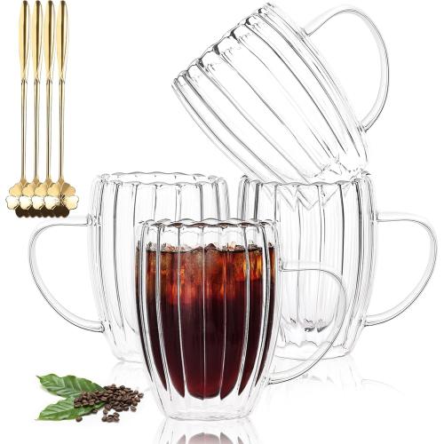 Double Wall Glass Coffee Mugs, 4pcs, 12oz, Classic Vertical Stripes, Aesthetic Tea Cups, Insulated Glass for Hot or Cold Drinks, Origami Style, Gift Boxed