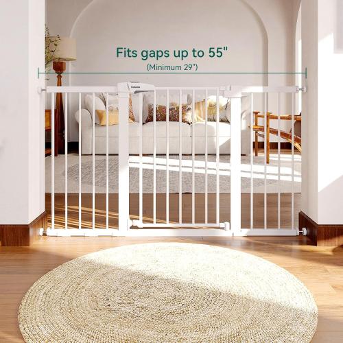 BABELIO 29-55 Inch Extra Wide Baby/Dog Gate, PressGuard P7, Metal Auto Close, Pressure Mounted Pet Door for Doorways, NO Need Tools and Drilling, with Wall Cups, White