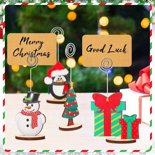 20 Pcs Christmas Wood Place Card Holders Stand Display and 20 Kraft Place Cards Santa Snowman Elk Number Name Photo Picture Clip Holder for Xmas Party Table Decoration(Christmas)