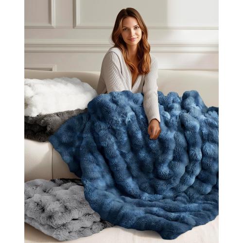 Ultra Soft Cozy Faux Fur Throw Blanket, Fuzzy Plush Thick Bubble Blanket, Oversize Luxury Fluffy Blanket for Couch, Bed, and Living Room, 60x80 Inches, Blue