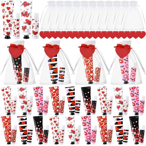 Loopeer 24 Sets Valentine Bulk Gifts Hand Cream and Lip Balm Bulk Set with Organza Bag Red Love Heart Card Galentine Gifts for Valentine Party Favors Stuffers Woman Men Teacher Staff Nurse Coworker