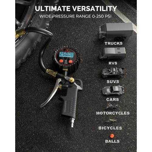 ETENWOLF T500 Digital Tire Pressure Gauge with Inflator, Tire Gauge 0-250 PSI, Calibrated to ANSI B40.7 Grade 2A, Air Chuck & Compressor Accessories with Storage Bag, Black