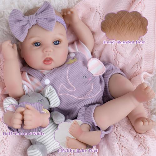 Lifelike Reborn Baby Dolls - 18 Inch Realistic Baby Doll Cloth Body Newborn Girl with Elephant Outfit & Accessories, Gift Box Included for Kids Role Play, Cuddling & Collectors
