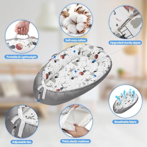 Color White and Grey elephants Baby Lounger - Breathable & Soft Baby Nest, Portable and Lightweight Tummy Time Lounger for Home and Travel, Ideal Newborn Babies Essentials Baby Shower Gifts
