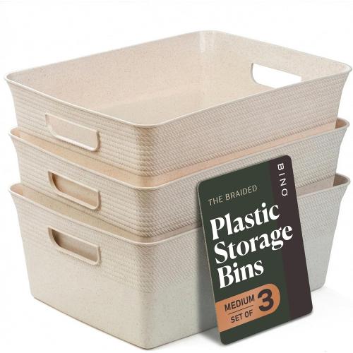 BINO | Plastic Storage Bins, 13 Liter - 3 Pack, Natural | THE BRAIDED COLLECTION | Plastic Bins for Organization | Woven Storage Baskets for Organizing | Pantry Shelf Organizer Basket Container Bin