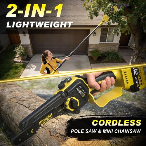 2 in 1 Electric Pole Saws for Tree Trimming,8 Mini Chainsaw Cordless with Extension Pole, Brushless Motor, Auto Oiling,13.8 FT Max Reach Extension Pole for Outdoors Pruning with 2×4.0Ah Batteries